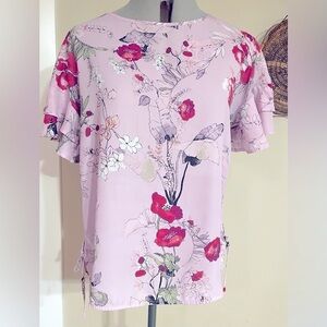 Maurices Floral Blouse Size Medium Ruffled Sleeves Tie Sides Lavender Chiffon